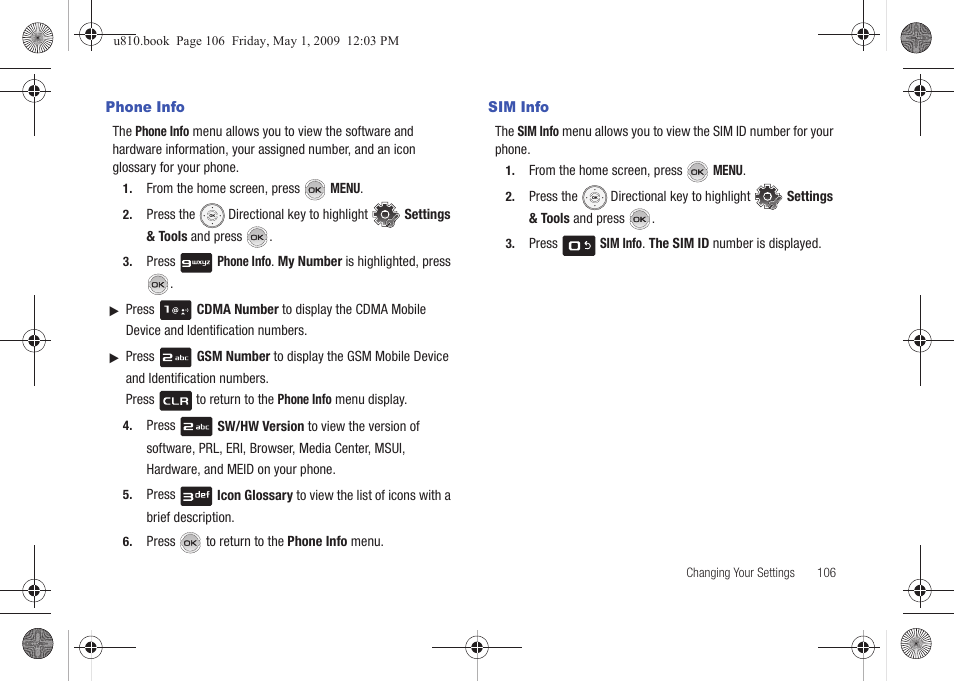 Phone info, Sim info, Phone info sim info | Samsung SCH-U810GNAVZW User Manual | Page 109 / 169