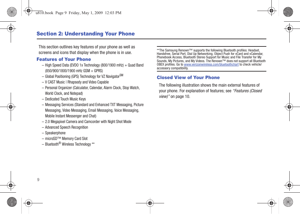 Section 2: understanding your phone, Features of your phone, Closed view of your phone | Features of your phone closed view of your phone | Samsung SCH-U810GNAVZW User Manual | Page 12 / 169