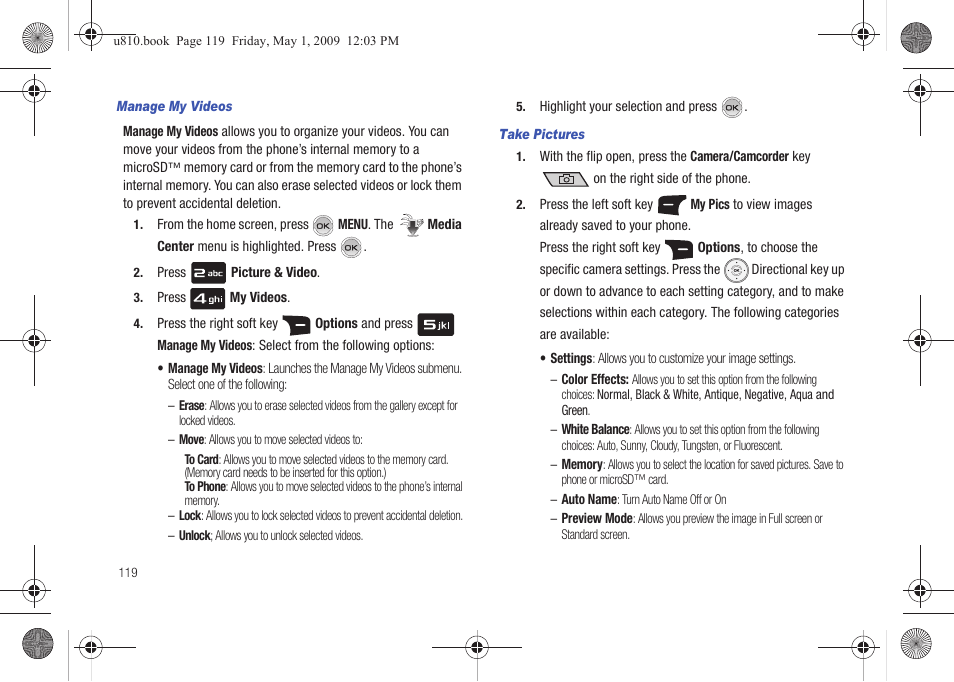 Manage my videos, Take pictures | Samsung SCH-U810GNAVZW User Manual | Page 122 / 169