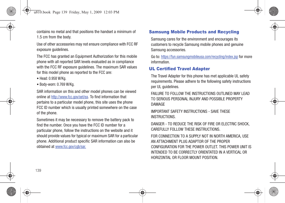 Samsung mobile products and recycling, Ul certified travel adapter | Samsung SCH-U810GNAVZW User Manual | Page 142 / 169