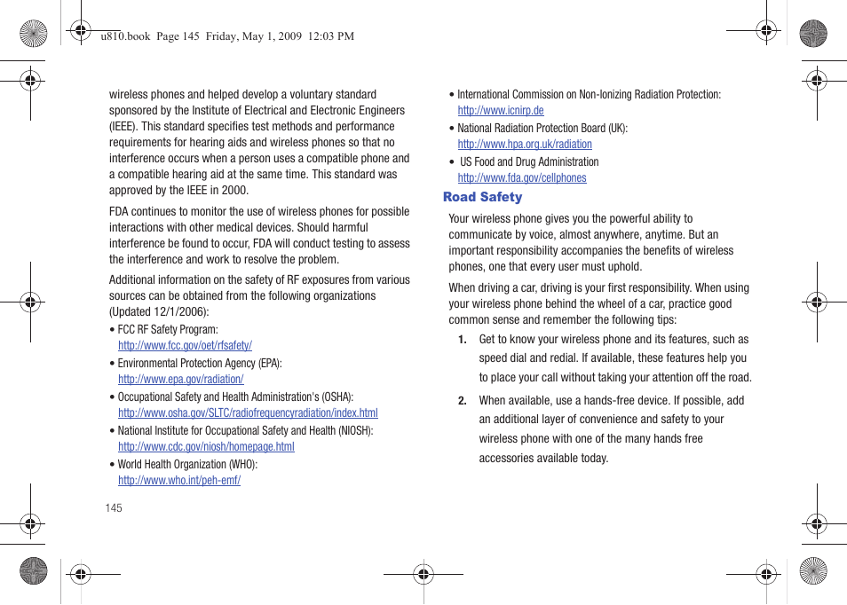 Road safety | Samsung SCH-U810GNAVZW User Manual | Page 148 / 169