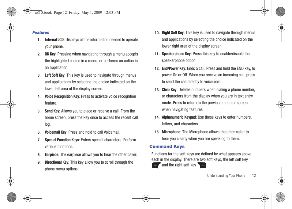 Features, Command keys | Samsung SCH-U810GNAVZW User Manual | Page 15 / 169