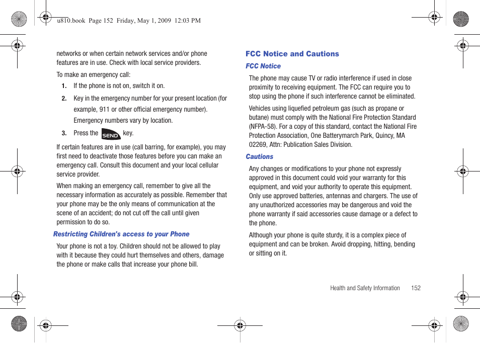 Restricting children's access to your phone, Fcc notice and cautions, Fcc notice | Cautions | Samsung SCH-U810GNAVZW User Manual | Page 155 / 169