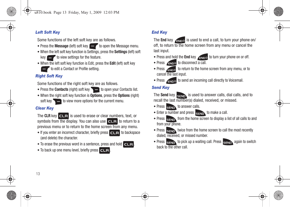 Left soft key, Right soft key, Clear key | End key, Send key | Samsung SCH-U810GNAVZW User Manual | Page 16 / 169