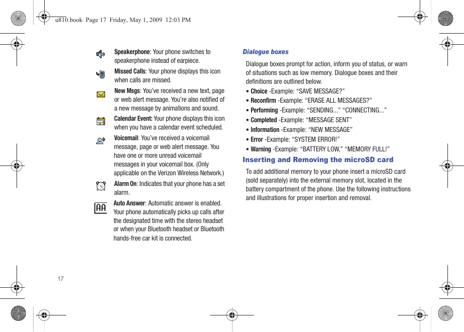 Dialogue boxes, Inserting and removing the microsd card | Samsung SCH-U810GNAVZW User Manual | Page 20 / 169