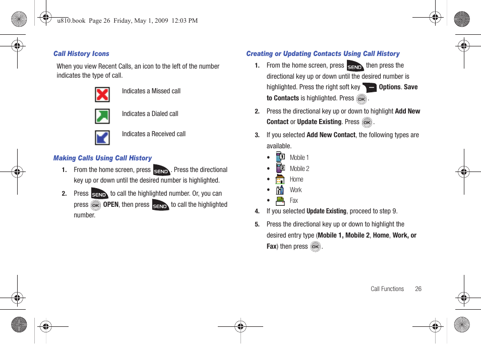 Call history icons, Making calls using call history, Creating or updating contacts using call history | Samsung SCH-U810GNAVZW User Manual | Page 29 / 169