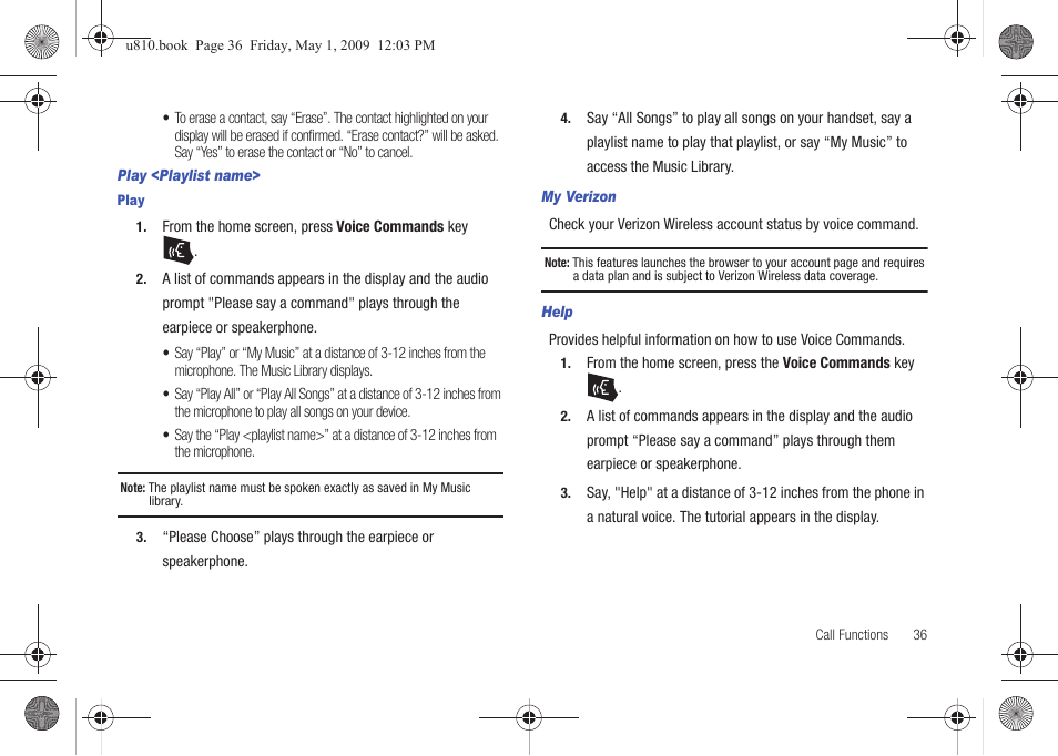 Play <playlist name, My verizon, Help | Samsung SCH-U810GNAVZW User Manual | Page 39 / 169