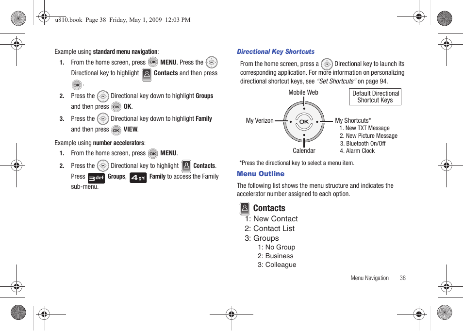 Directional key shortcuts, Menu outline, Contacts | Samsung SCH-U810GNAVZW User Manual | Page 41 / 169