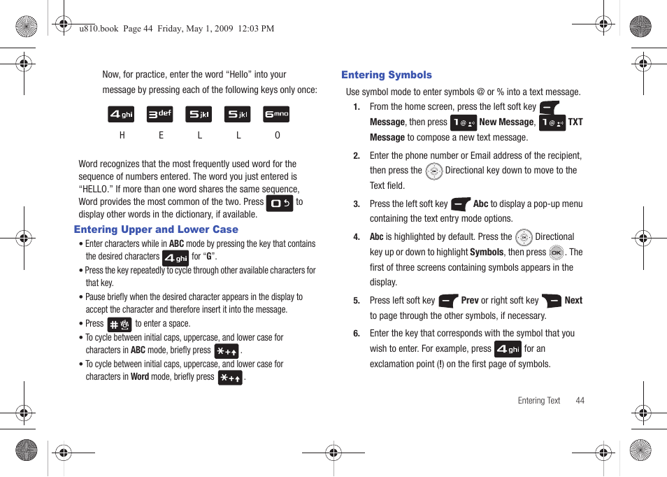 Entering upper and lower case, Entering symbols, Entering upper and lower case entering symbols | Samsung SCH-U810GNAVZW User Manual | Page 47 / 169