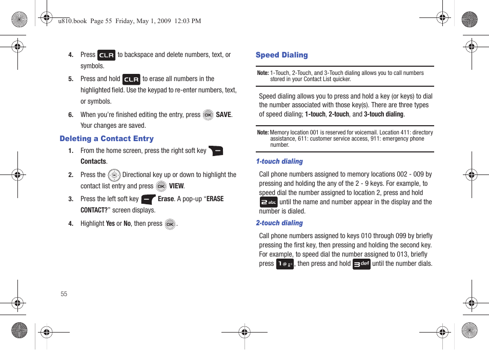 Deleting a contact entry, Speed dialing, Touch dialing | Deleting a contact entry speed dialing | Samsung SCH-U810GNAVZW User Manual | Page 58 / 169