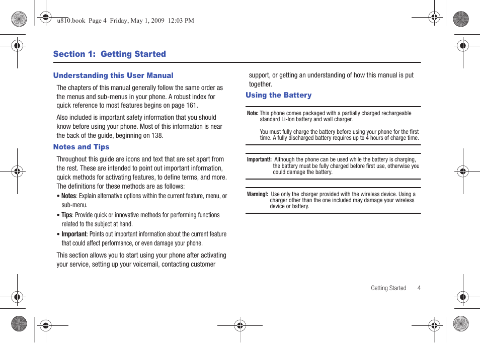 Section 1: getting started, Understanding this user manual, Notes and tips | Using the battery | Samsung SCH-U810GNAVZW User Manual | Page 7 / 169