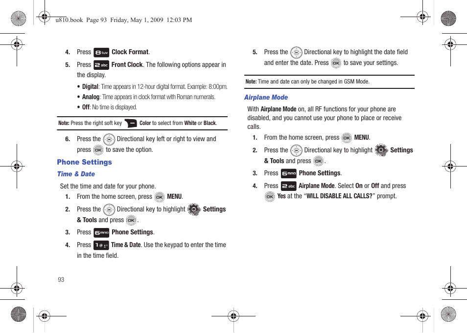 Phone settings, Time & date, Airplane mode | Samsung SCH-U810GNAVZW User Manual | Page 96 / 169