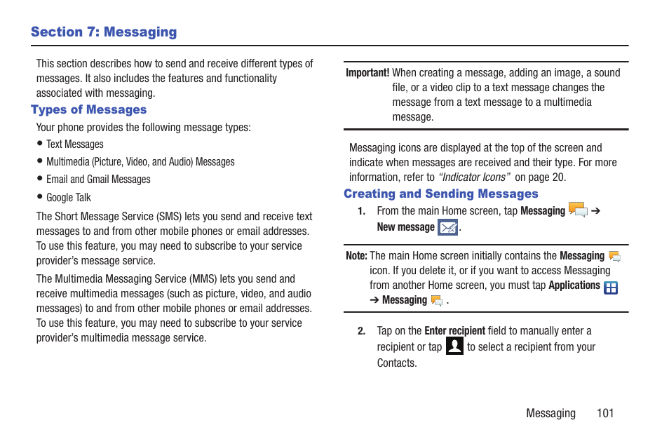 Section 7: messaging, Types of messages, Creating and sending messages | Types of messages creating and sending messages | Samsung SGH-S959ZKATFN User Manual | Page 105 / 217