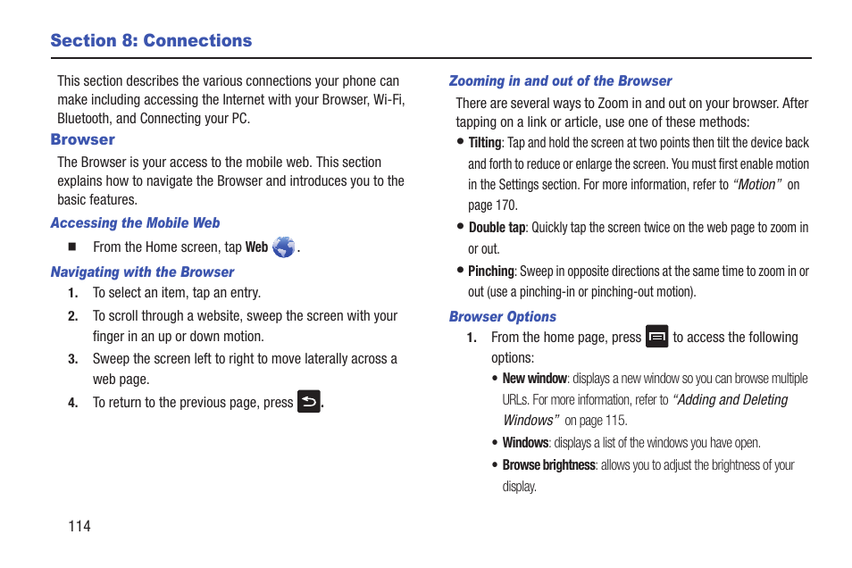 Section 8: connections, Browser | Samsung SGH-S959ZKATFN User Manual | Page 118 / 217