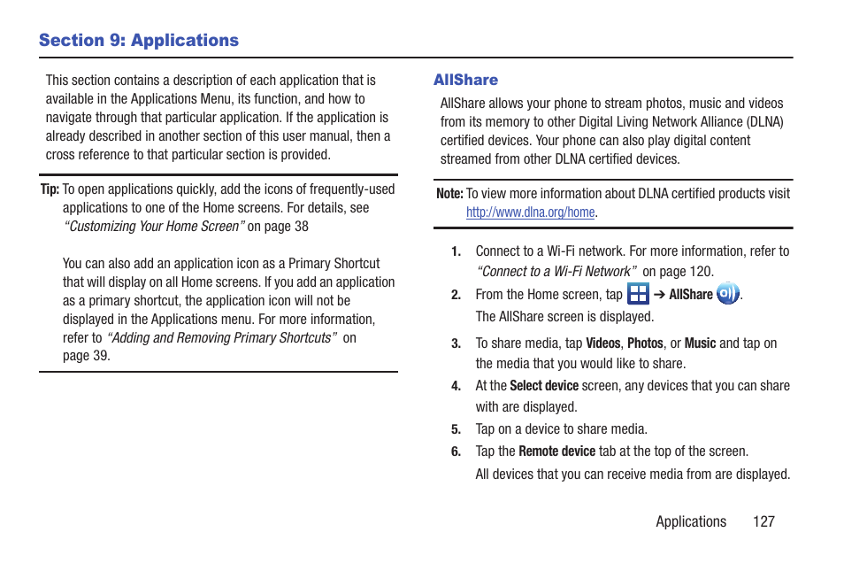 Section 9: applications, Allshare | Samsung SGH-S959ZKATFN User Manual | Page 131 / 217