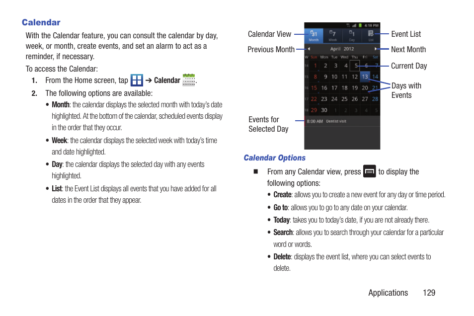 Calendar | Samsung SGH-S959ZKATFN User Manual | Page 133 / 217