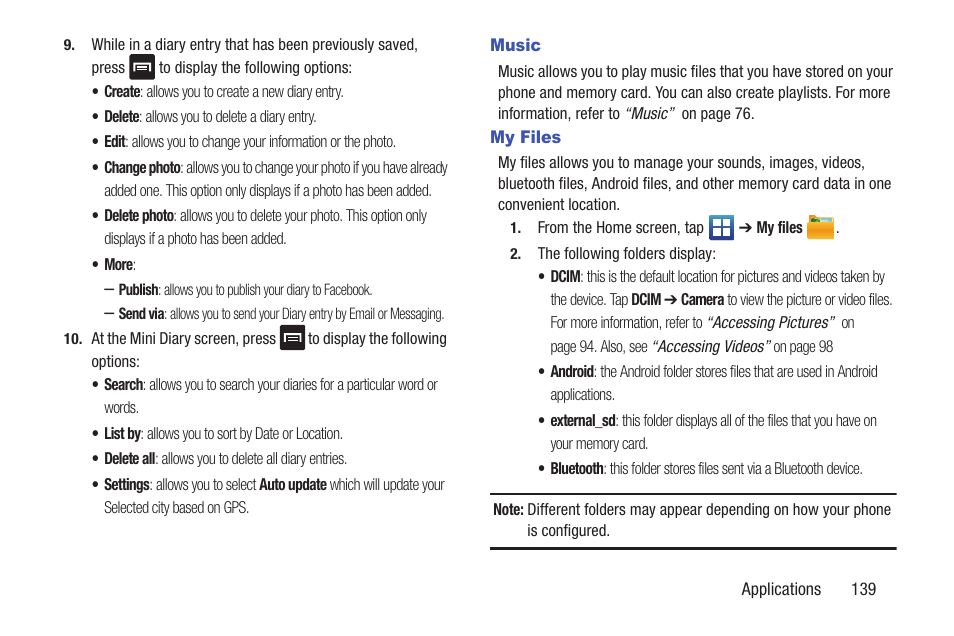 Music, My files | Samsung SGH-S959ZKATFN User Manual | Page 143 / 217