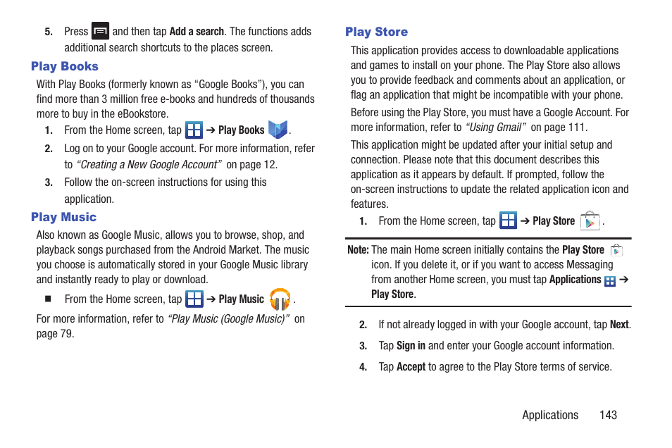 Play books, Play music, Play store | Play books play music play store | Samsung SGH-S959ZKATFN User Manual | Page 147 / 217