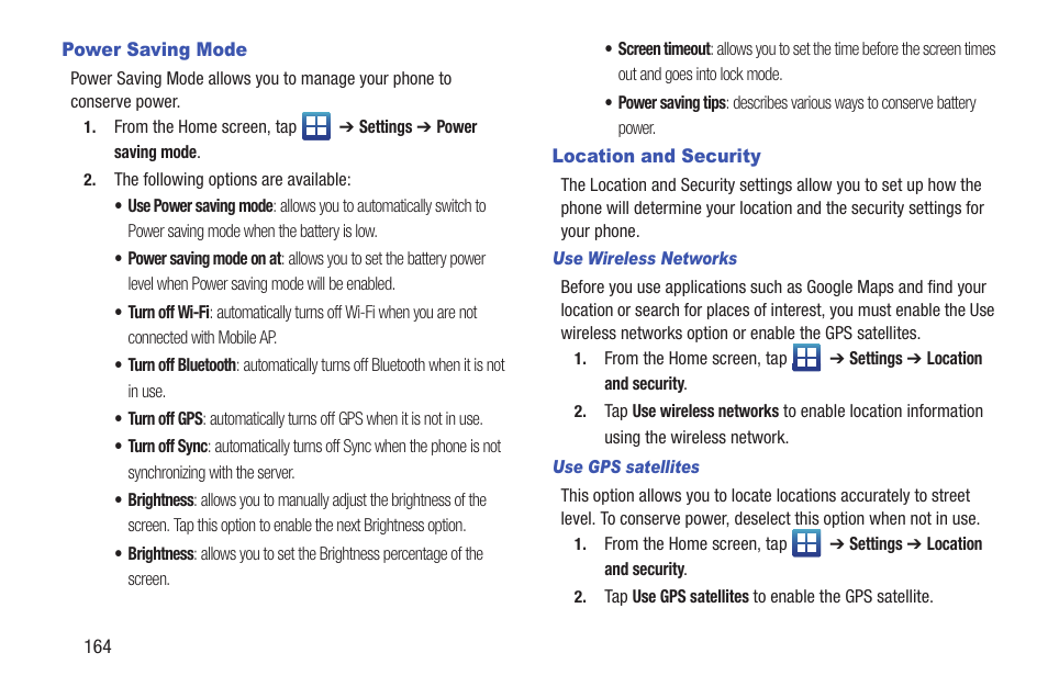 Power saving mode, Location and security, Power saving mode location and security | Samsung SGH-S959ZKATFN User Manual | Page 168 / 217