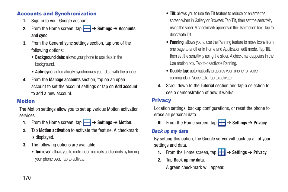 Accounts and synchronization, Motion, Privacy | Accounts and synchronization motion privacy, Ion. for more information, refer to “motion” on | Samsung SGH-S959ZKATFN User Manual | Page 174 / 217