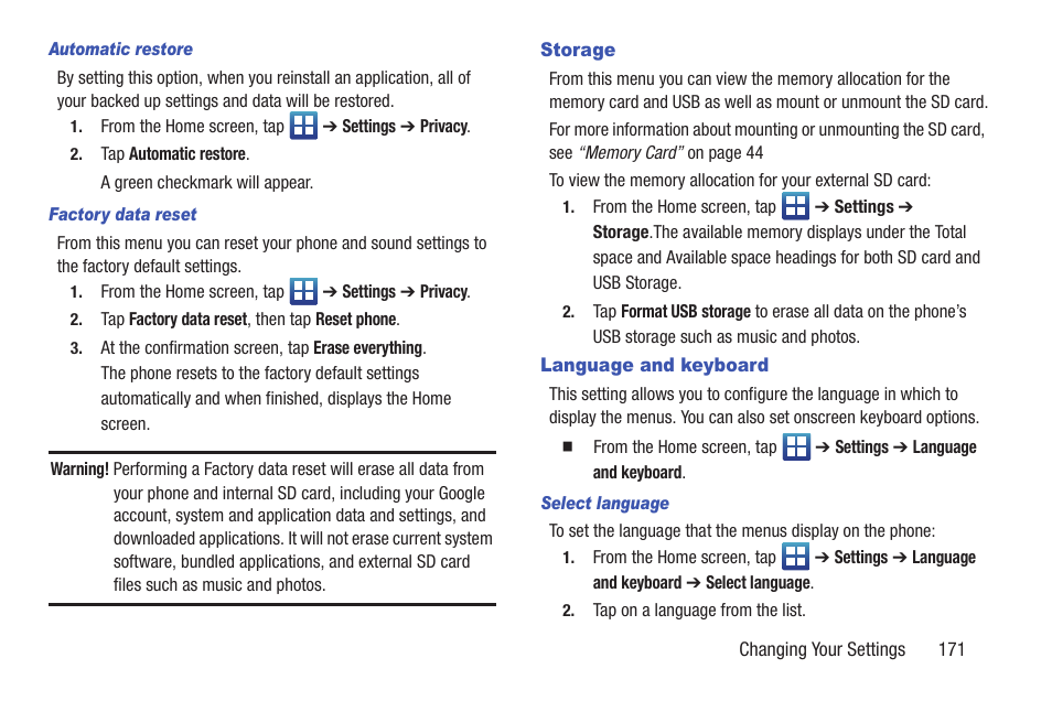 Storage, Language and keyboard, Storage language and keyboard | Samsung SGH-S959ZKATFN User Manual | Page 175 / 217