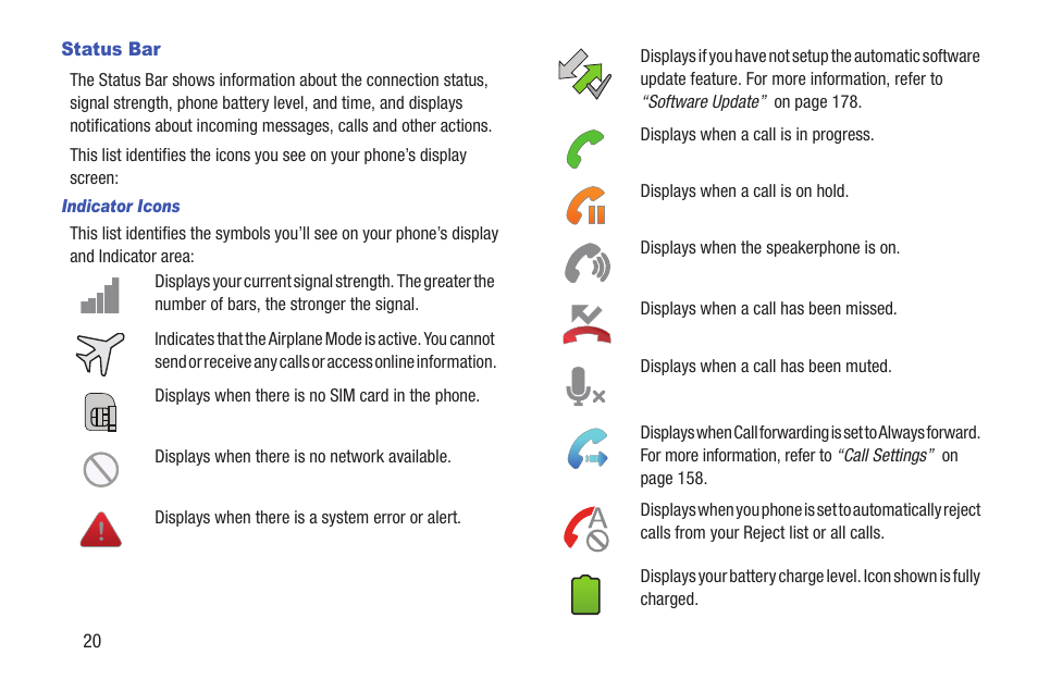 Status bar | Samsung SGH-S959ZKATFN User Manual | Page 24 / 217