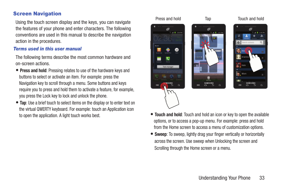 Screen navigation | Samsung SGH-S959ZKATFN User Manual | Page 37 / 217