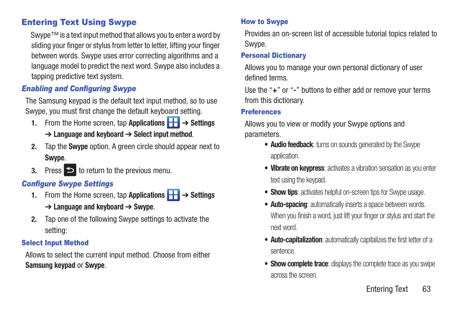 Entering text using swype | Samsung SGH-S959ZKATFN User Manual | Page 67 / 217