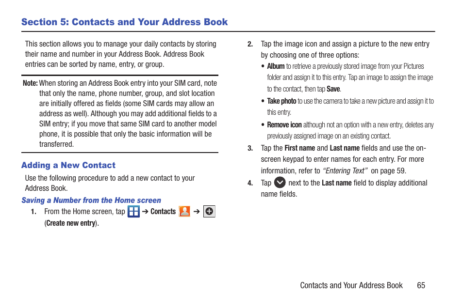 Section 5: contacts and your address book, Adding a new contact | Samsung SGH-S959ZKATFN User Manual | Page 69 / 217