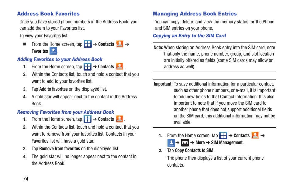 Address book favorites, Managing address book entries | Samsung SGH-S959ZKATFN User Manual | Page 78 / 217