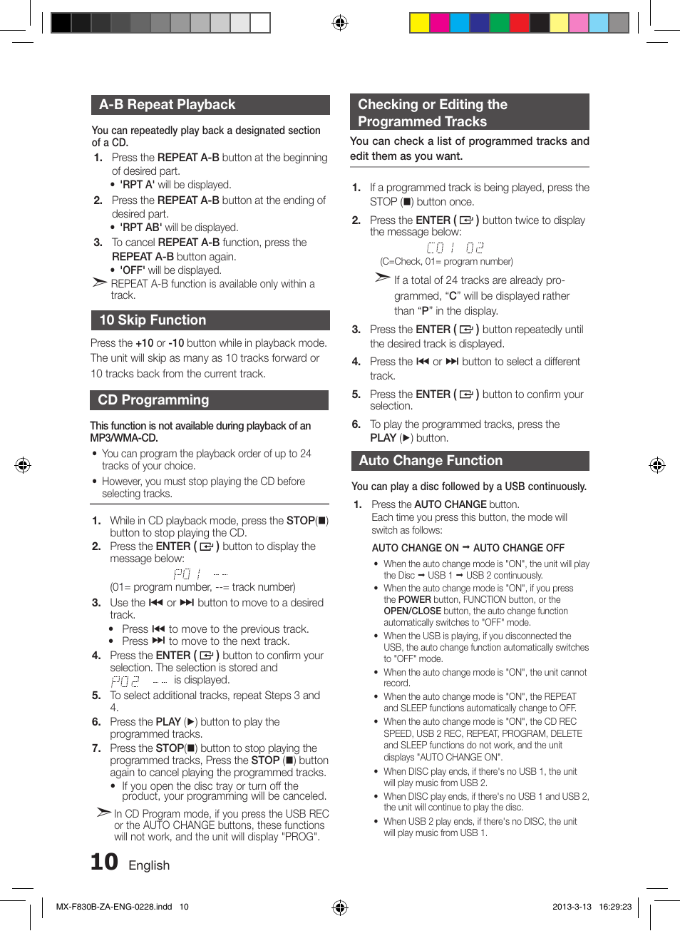 A-b repeat playback, 10 skip function, Cd programming | Checking or editing the programmed tracks, Auto change function | Samsung MX-F830B-ZA User Manual | Page 10 / 19