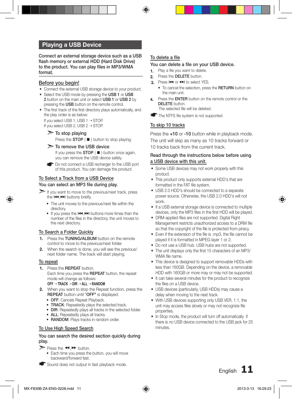Playing a usb device | Samsung MX-F830B-ZA User Manual | Page 11 / 19