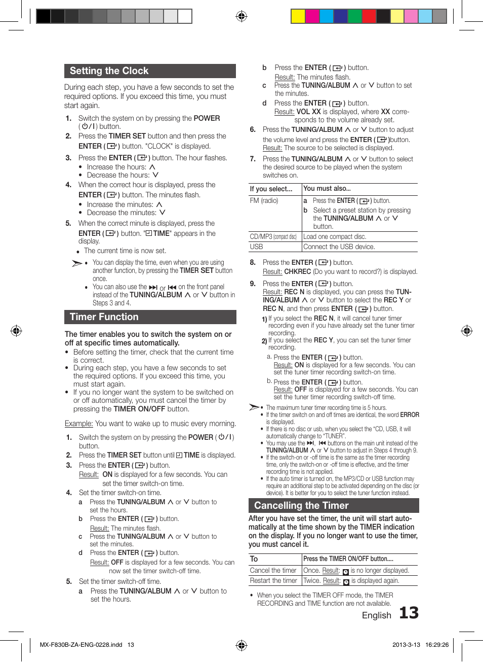 Setting the clock, Timer function, Cancelling the timer | Samsung MX-F830B-ZA User Manual | Page 13 / 19