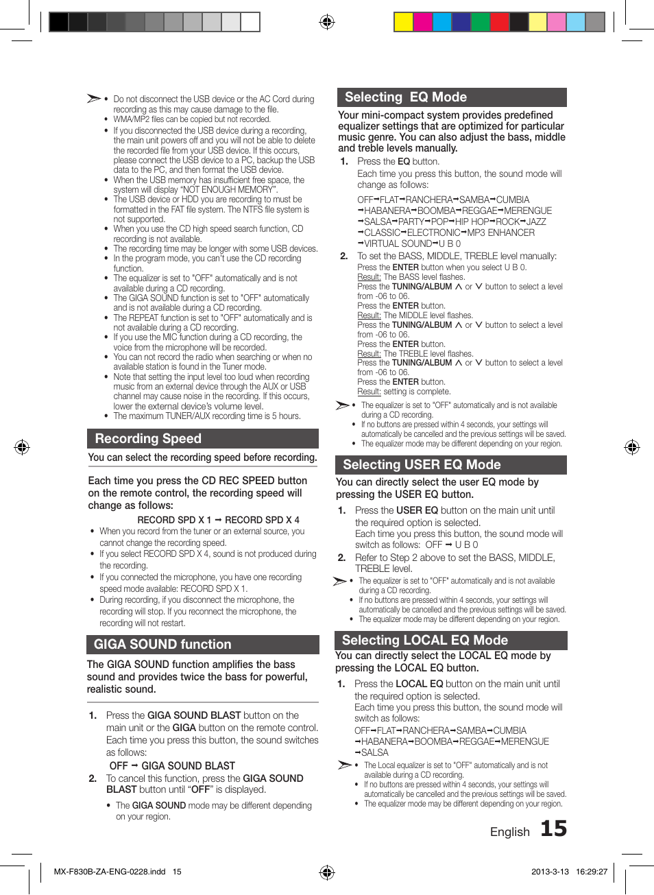 Recording speed, Giga sound function, Selecting eq mode | Selecting user eq mode, Selecting local eq mode, Selecting user eq mode selecting local eq mode | Samsung MX-F830B-ZA User Manual | Page 15 / 19