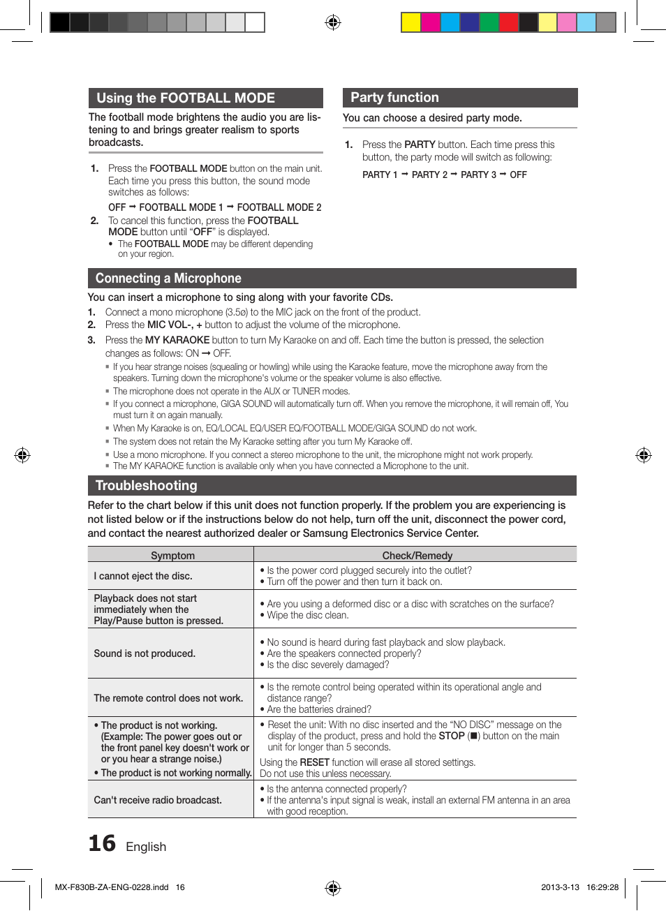 Using the football mode, Party function, Connecting a microphone | Troubleshooting | Samsung MX-F830B-ZA User Manual | Page 16 / 19