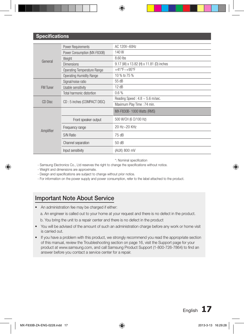 Specifications | Samsung MX-F830B-ZA User Manual | Page 17 / 19