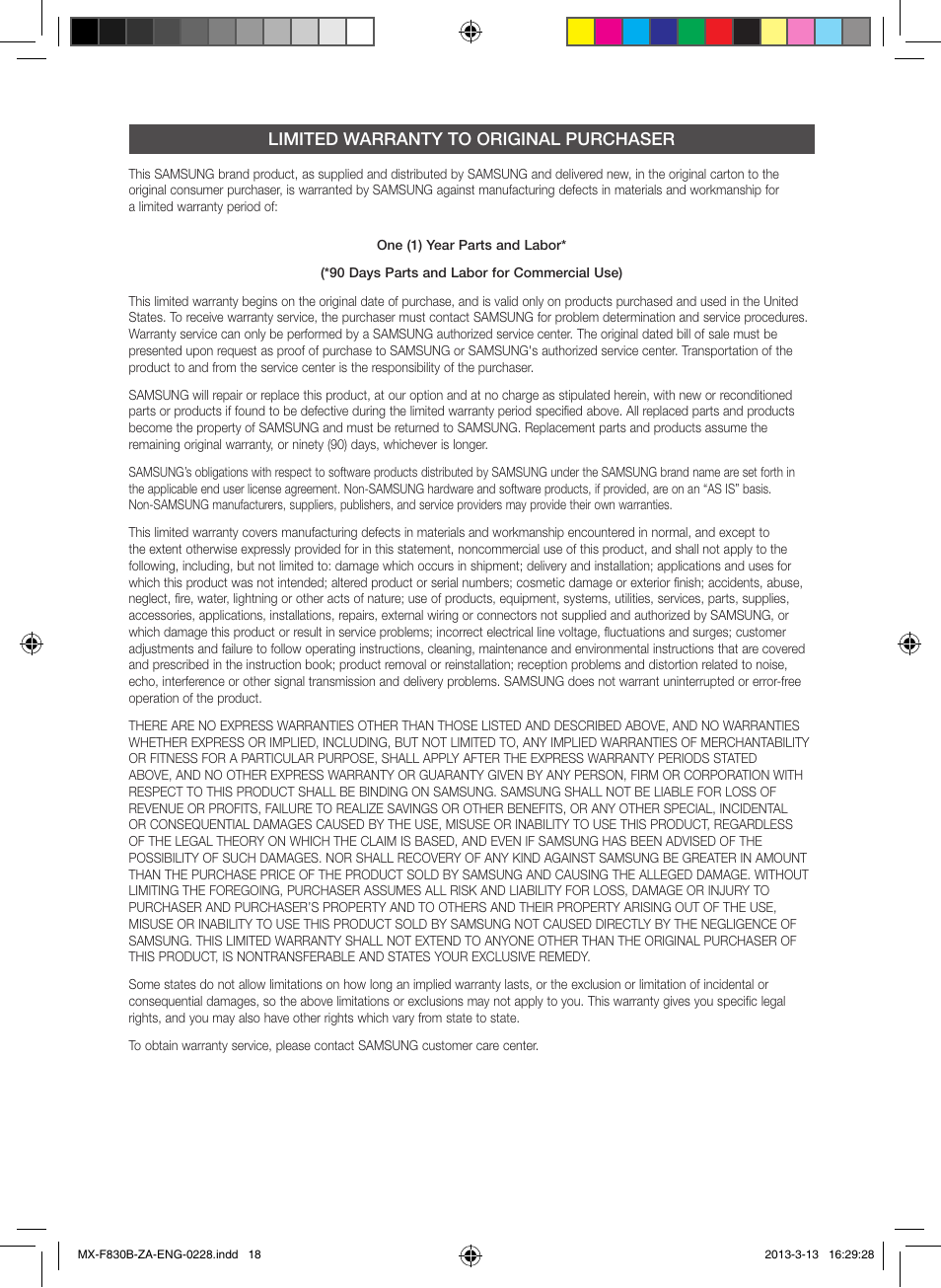 Limited warranty to original purchaser | Samsung MX-F830B-ZA User Manual | Page 18 / 19