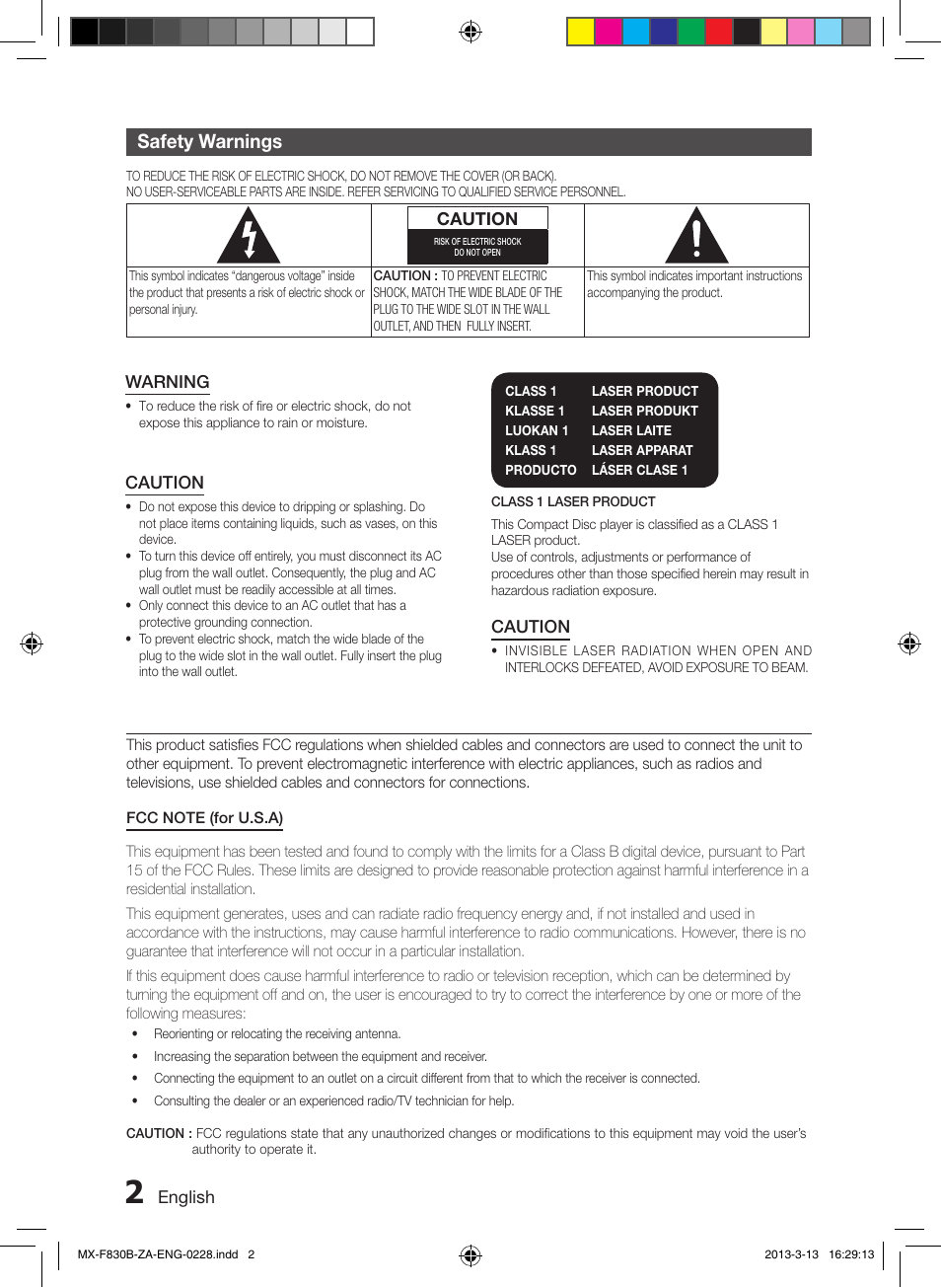 Safety warnings | Samsung MX-F830B-ZA User Manual | Page 2 / 19