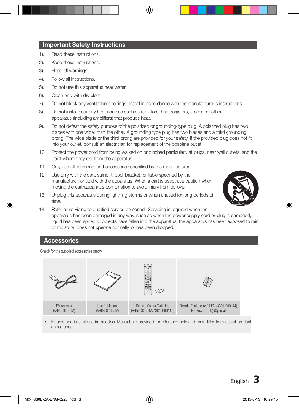 Important safety instructions, Accessories | Samsung MX-F830B-ZA User Manual | Page 3 / 19