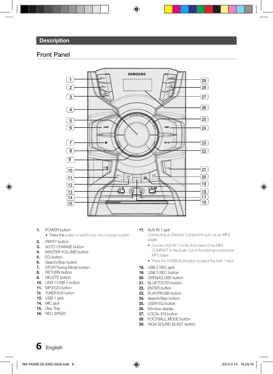 Description, Front panel | Samsung MX-F830B-ZA User Manual | Page 6 / 19