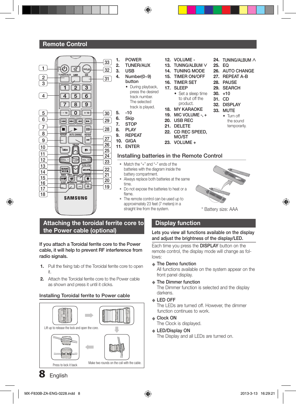 Remote control, Display function | Samsung MX-F830B-ZA User Manual | Page 8 / 19