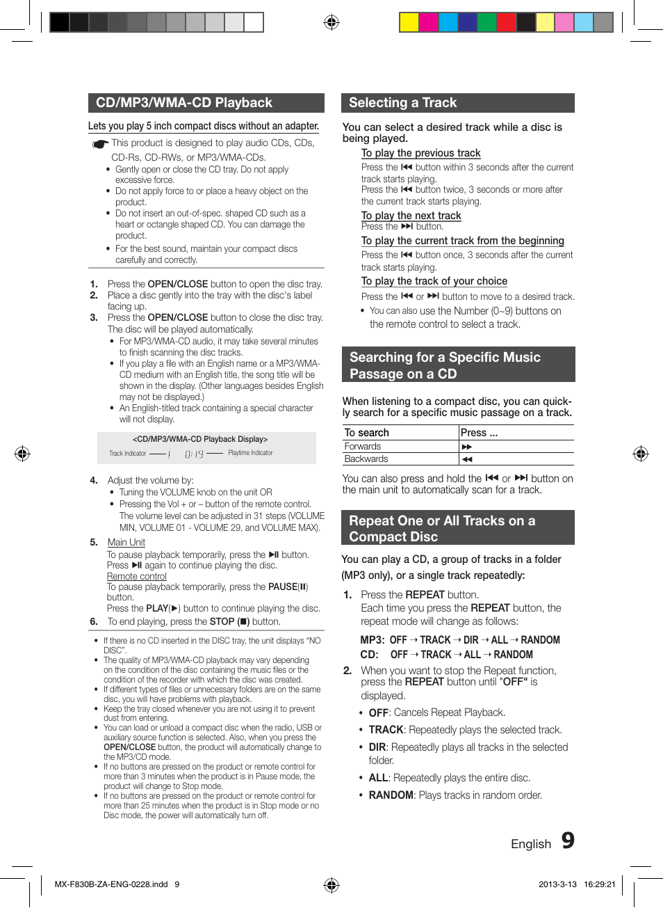 Cd/mp3/wma-cd playback, Selecting a track, Searching for a specific music passage on a cd | Repeat one or all tracks on a compact disc, Selecting a track cd/mp3/wma-cd playback | Samsung MX-F830B-ZA User Manual | Page 9 / 19