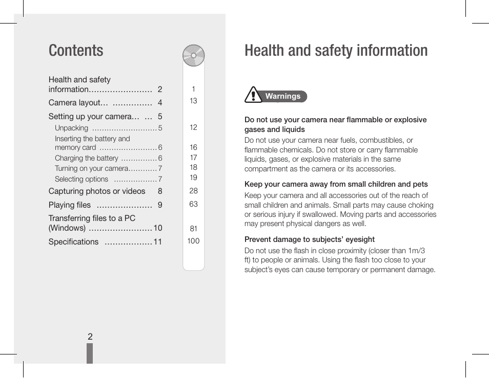 Health and safety information contents | Samsung EC-HZ30WZBPBUS User Manual | Page 2 / 22
