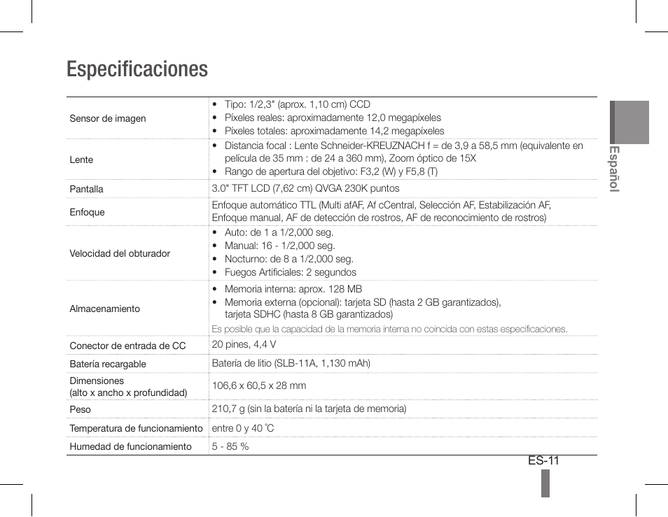 Especificaciones, Español | Samsung EC-HZ30WZBPBUS User Manual | Page 21 / 22