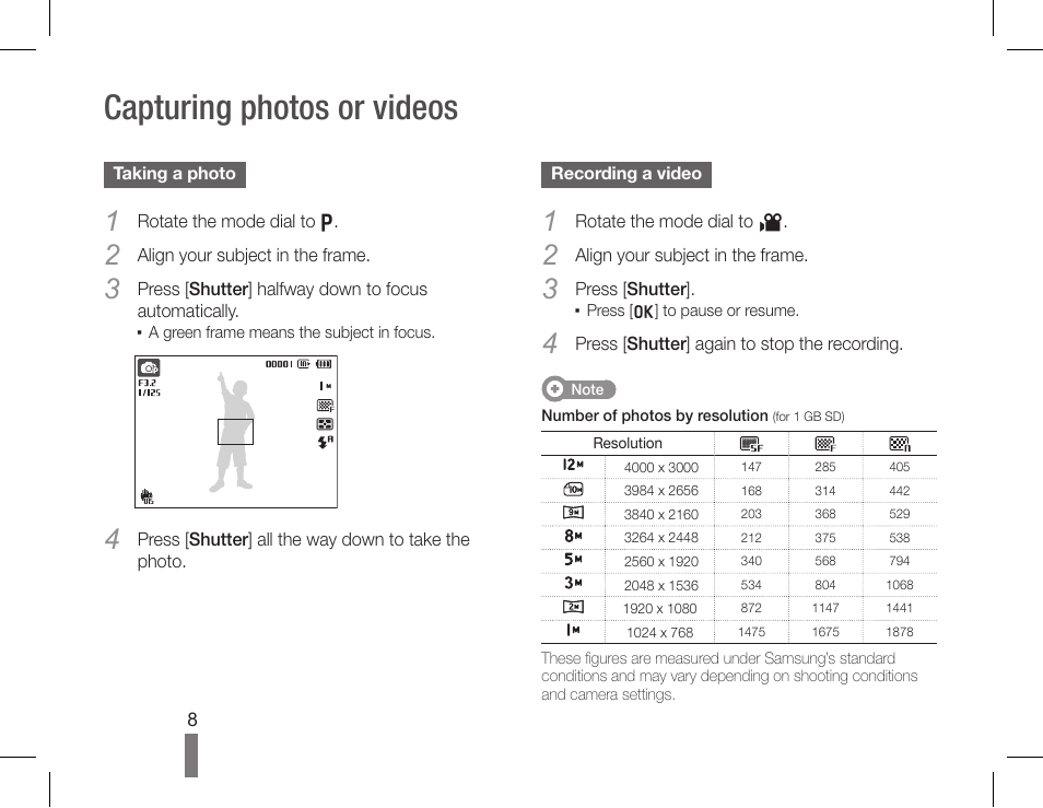 Capturing photos or videos | Samsung EC-HZ30WZBPBUS User Manual | Page 8 / 22