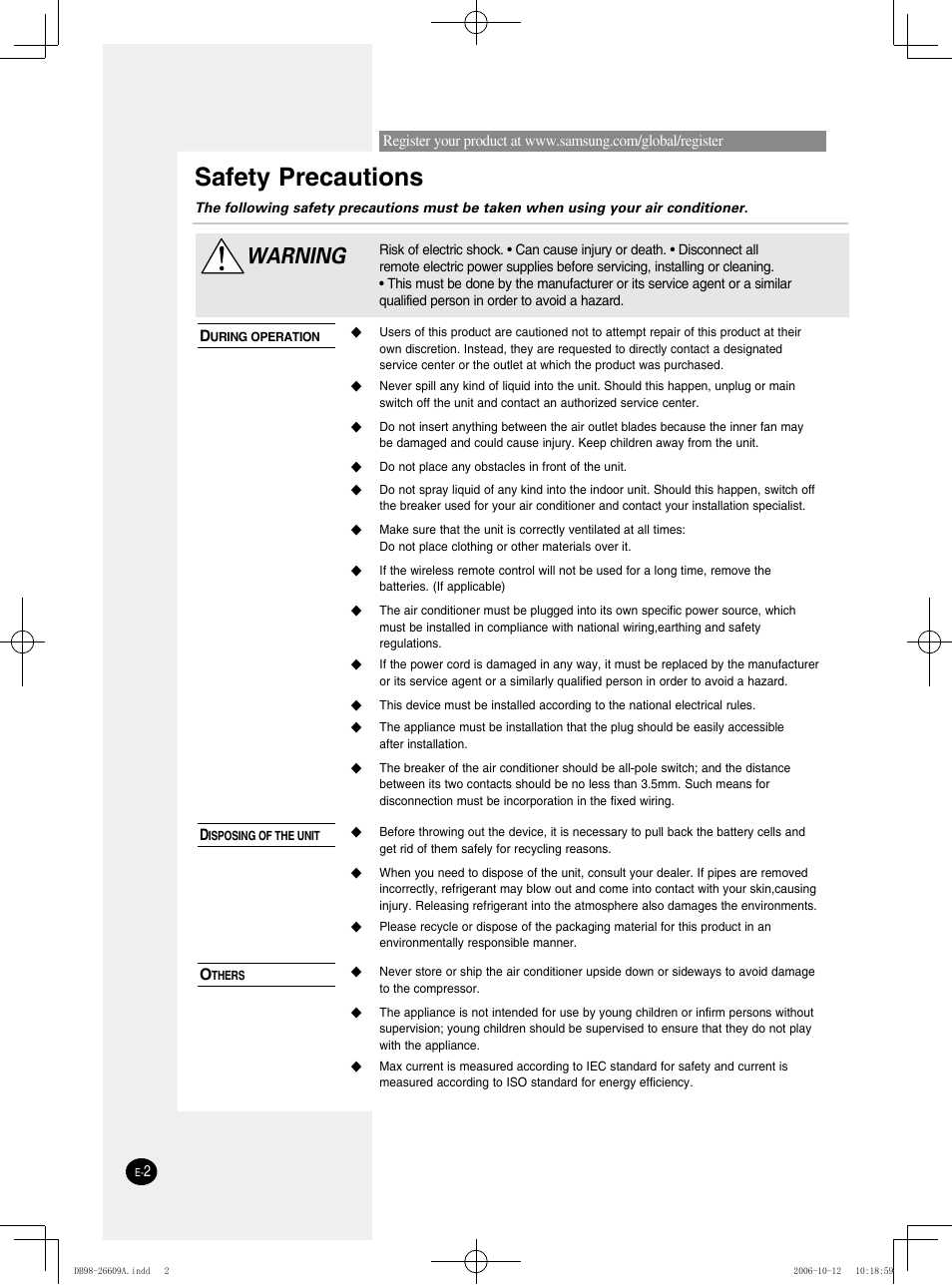 Safety precautions, Warning | Samsung AW05NCM8XAA User Manual | Page 2 / 20