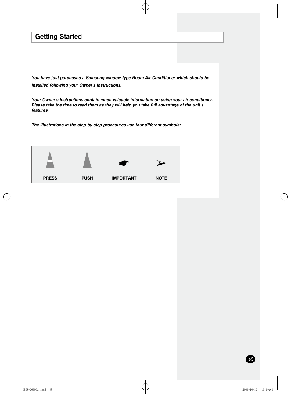 Getting started | Samsung AW05NCM8XAA User Manual | Page 5 / 20