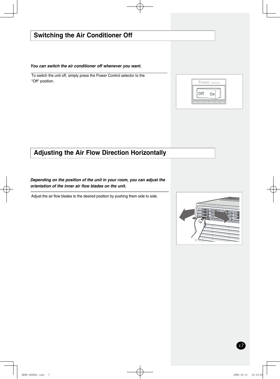 Switching the air conditioner off, Adjusting the air flow direction horizontally | Samsung AW05NCM8XAA User Manual | Page 7 / 20