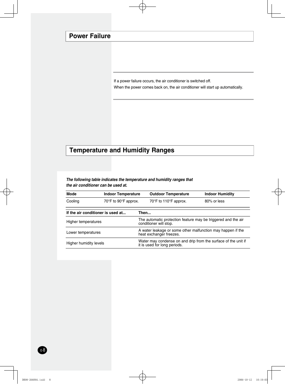 Power failure, Temperature and humidity ranges | Samsung AW05NCM8XAA User Manual | Page 8 / 20