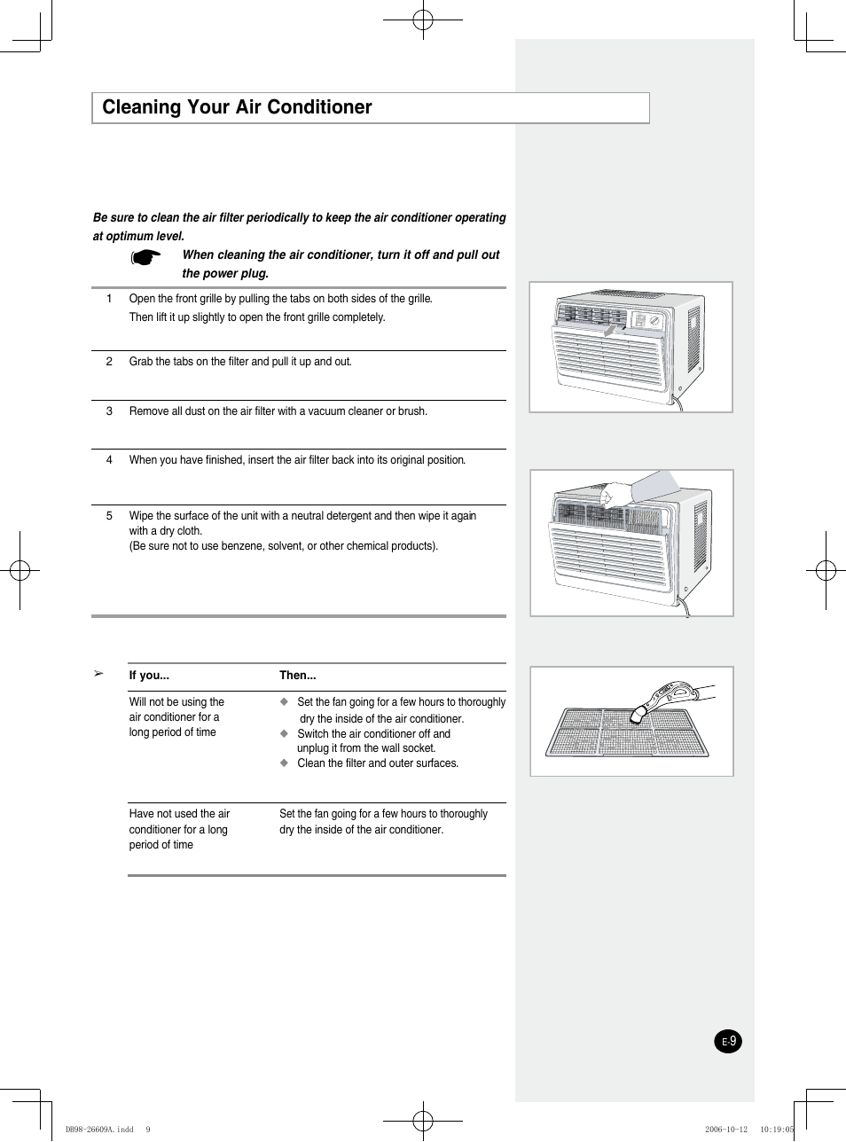 Cleaning your air conditioner | Samsung AW05NCM8XAA User Manual | Page 9 / 20